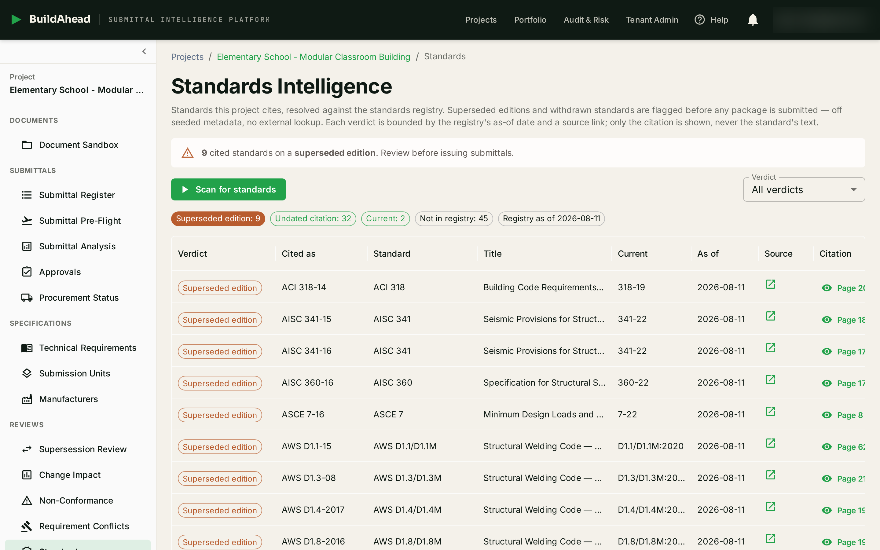 BuildAhead Standards Intelligence: cited standards resolved against a registry, with superseded editions flagged before any package is submitted.