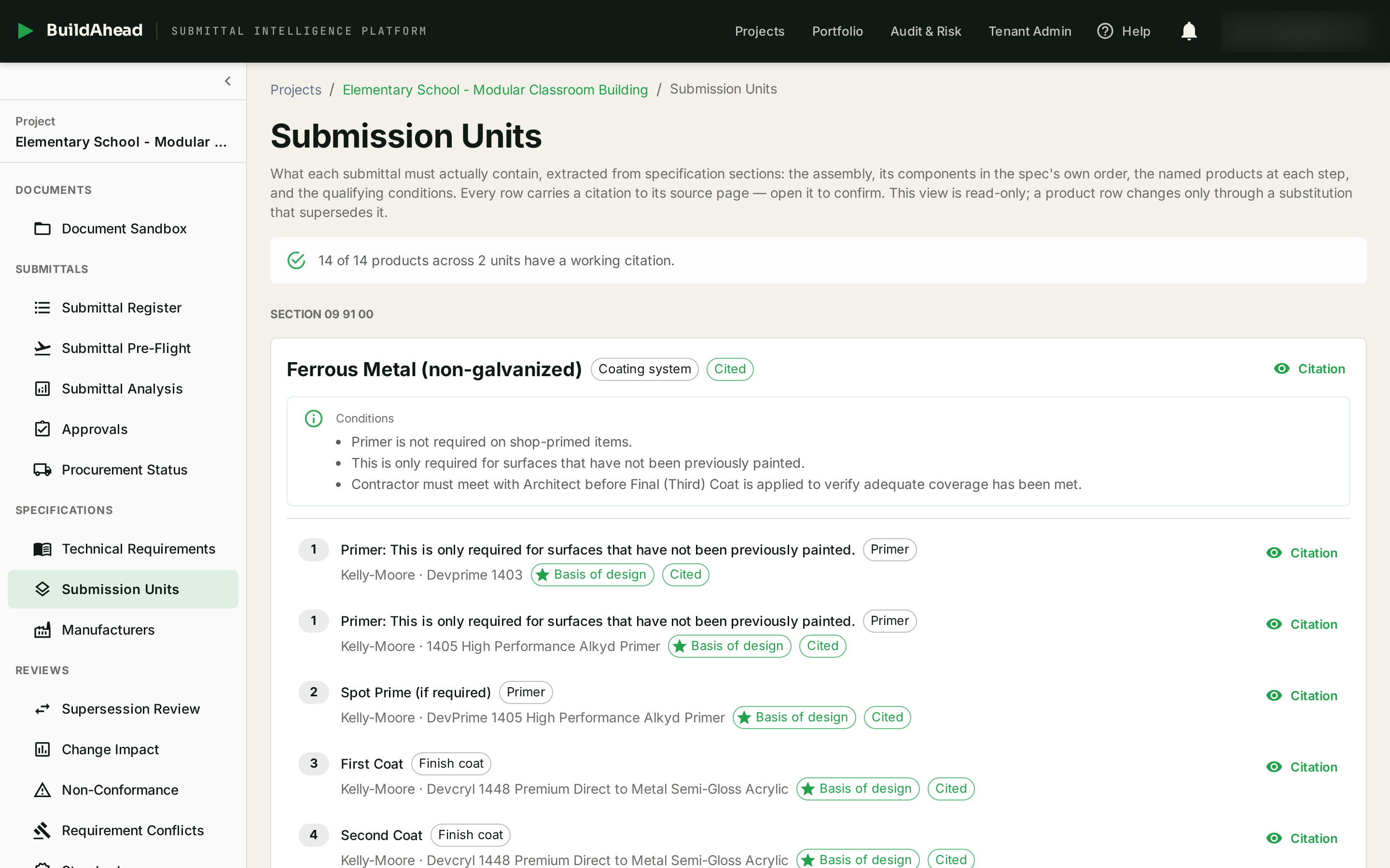 BuildAhead Submission Units: an assembly broken into components in spec order, each named product carrying a working citation to its source page.