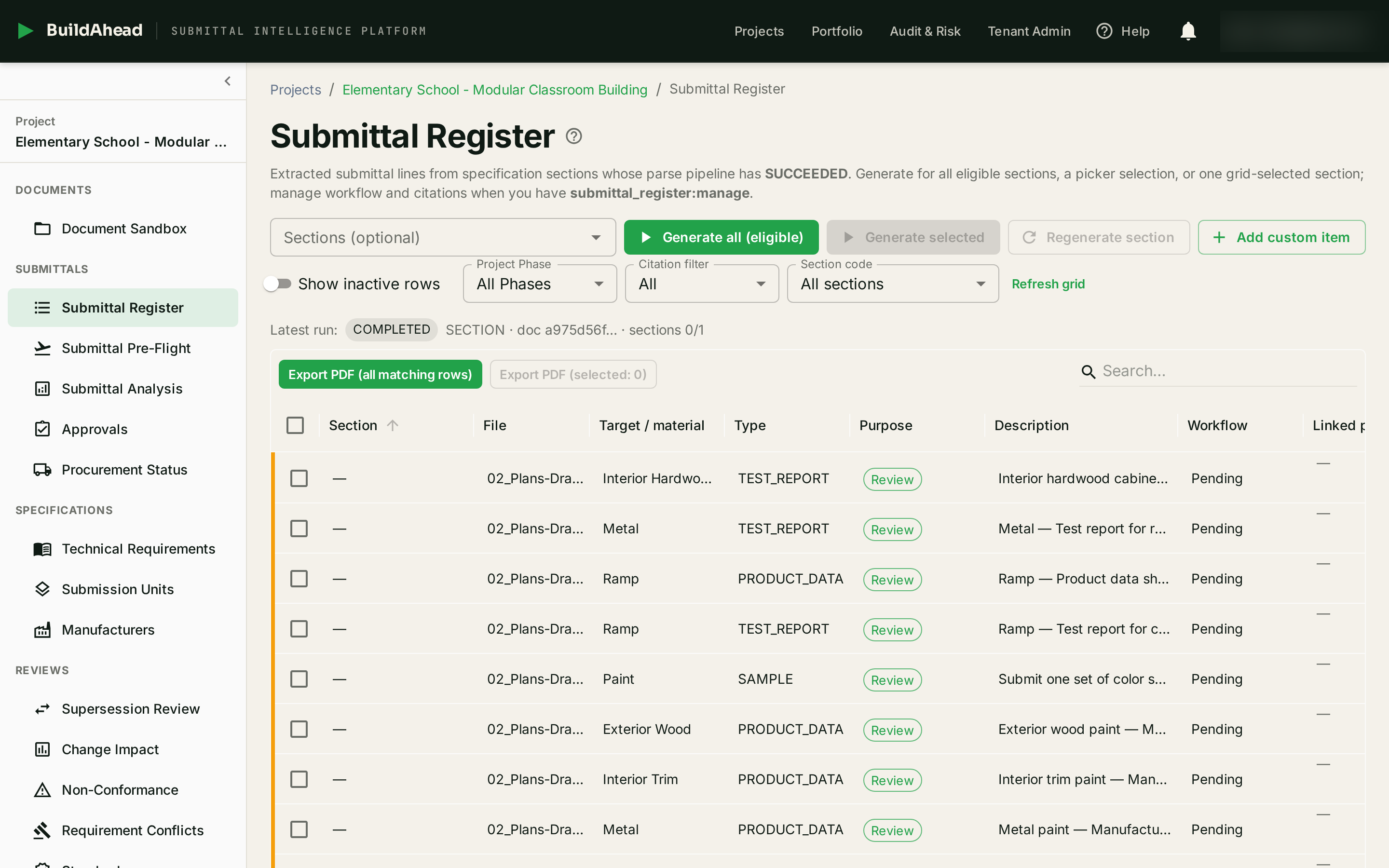 BuildAhead Submittal Register: one row per deliverable, with type, purpose, workflow state, and a citation back to the source clause.