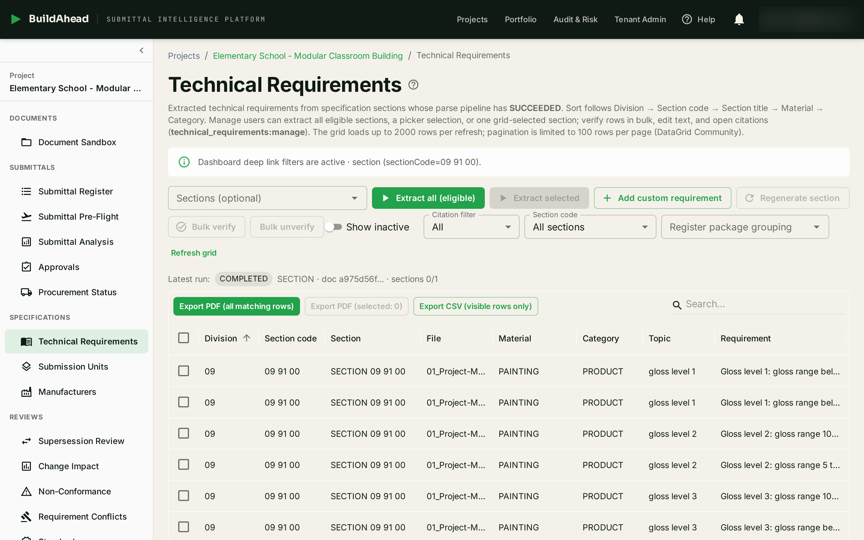 BuildAhead Technical Requirements: spec requirements for CSI section 09 91 00, each with its Division, section code, material, category, and a typed requirement.